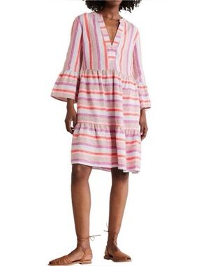Perfect Boden Tiered Long Sleeve Linen Dress RED/ CAMEO PINK